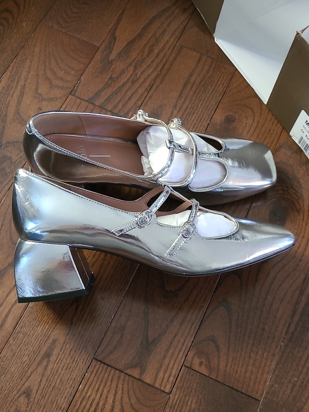 New Linea Paolo Maurice Metallic Silver Mary Jane Block Heel Pumps - Women's 9